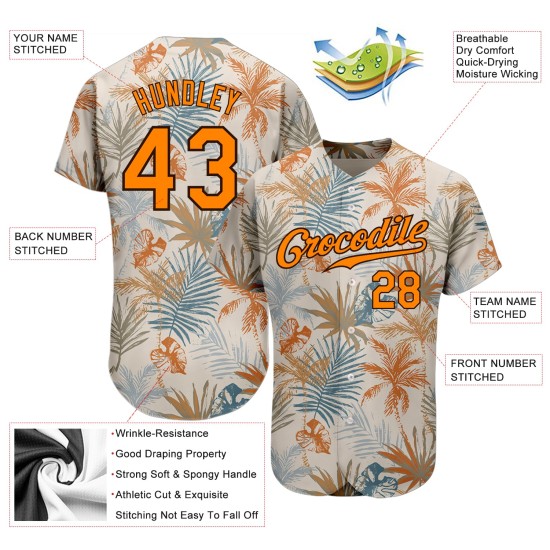 Maillot de baseball personnalisé avec motif palmier orange-marron 3D Hawaii Bay Cream Maillot de baseball personnalisé avec motif palmier orange-marron 3D Hawaii Bay Cream
