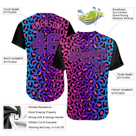 Maillot de baseball personnalisé avec motif léopard authentique violet-rose violet 3D Maillot de baseball personnalisé avec motif léopard authentique violet-rose violet 3D