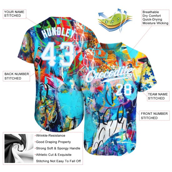 Maillot de baseball bleu authentique avec graffiti abstrait 3D blanc et lumière blanche Maillot de baseball bleu authentique avec graffiti abstrait 3D blanc et lumière blanche