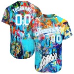 Maillot de baseball bleu authentique avec graffiti abstrait 3D blanc et lumière blanche Maillot de baseball bleu authentique avec graffiti abstrait 3D blanc et lumière blanche