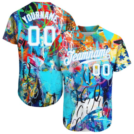 Maillot de baseball bleu authentique avec graffiti abstrait 3D blanc et lumière blanche Maillot de baseball bleu authentique avec graffiti abstrait 3D blanc et lumière blanche