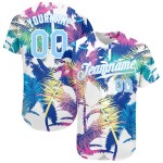 Maillot de baseball à motif léger Hawaï personnalisé 3D blanc avec arbres et palmiers bleus, authentique Maillot de baseball à motif léger Hawaï personnalisé 3D blanc avec arbres et palmiers bleus, authentique