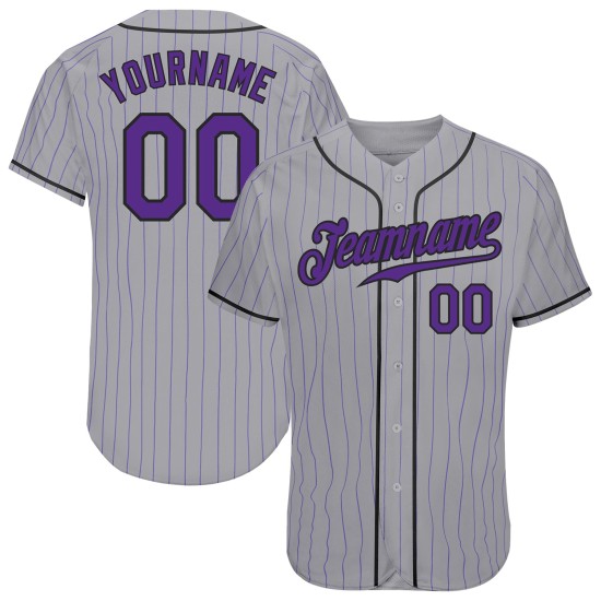 Maillot de baseball personnalisé gris authentique à rayures violettes et noires Maillot de baseball personnalisé gris authentique à rayures violettes et noires