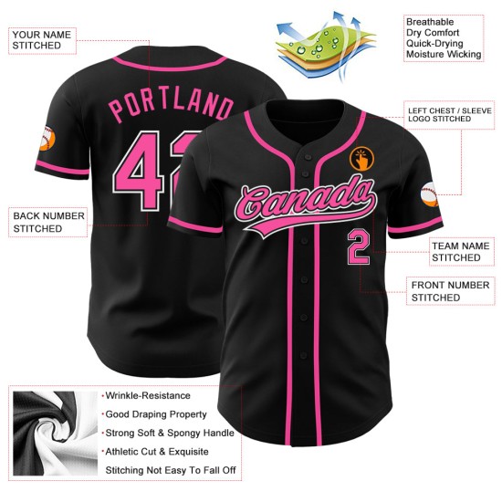 Maillot de baseball noir authentique personnalisé rose et blanc Maillot de baseball noir authentique personnalisé rose et blanc