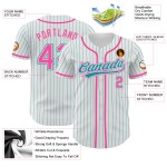 Maillot de baseball rose personnalisé à rayures fines, bleu sarcelle authentique et blanc Maillot de baseball rose personnalisé à rayures fines, bleu sarcelle authentique et blanc