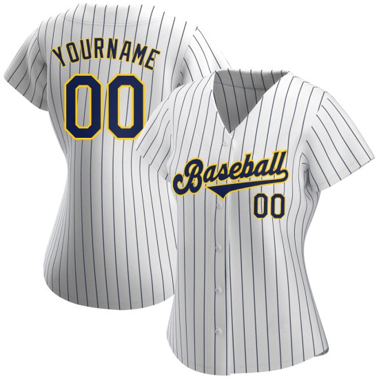 Maillot de baseball personnalisé bleu marine à rayures fines, bleu marine, or et blanc Maillot de baseball personnalisé bleu marine à rayures fines, bleu marine, or et blanc