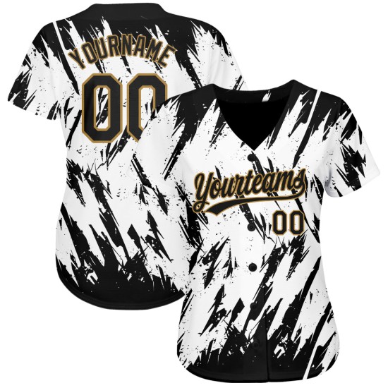 Maillot de baseball authentique personnalisé 3D à motif noir et or vieilli, blanc Maillot de baseball authentique personnalisé 3D à motif noir et or vieilli, blanc