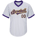 Maillot de baseball personnalisé violet et doré authentique à rayures fines, jersey blanc violet côtelé Maillot de baseball personnalisé violet et doré authentique à rayures fines, jersey blanc violet côtelé