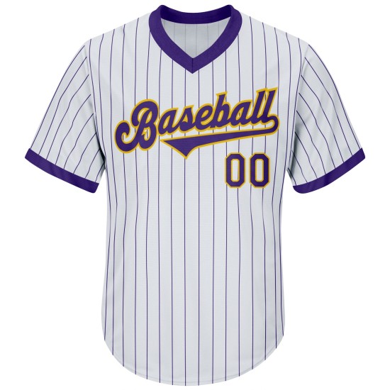 Maillot de baseball personnalisé violet et doré authentique à rayures fines, jersey blanc violet côtelé Maillot de baseball personnalisé violet et doré authentique à rayures fines, jersey blanc violet côtelé