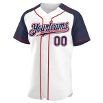 Maillot de baseball bleu marine et rouge, manches blanches, authentique, raglan, personnalisé Maillot de baseball bleu marine et rouge, manches blanches, authentique, raglan, personnalisé