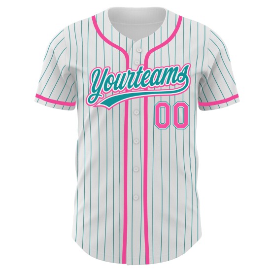 Maillot de baseball rose personnalisé à rayures fines, bleu sarcelle authentique et blanc Maillot de baseball rose personnalisé à rayures fines, bleu sarcelle authentique et blanc