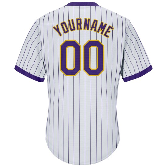 Maillot de baseball personnalisé violet et doré authentique à rayures fines, jersey blanc violet côtelé Maillot de baseball personnalisé violet et doré authentique à rayures fines, jersey blanc violet côtelé