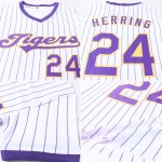 Maillot de baseball personnalisé violet et doré authentique à rayures fines, jersey blanc violet côtelé Maillot de baseball personnalisé violet et doré authentique à rayures fines, jersey blanc violet côtelé