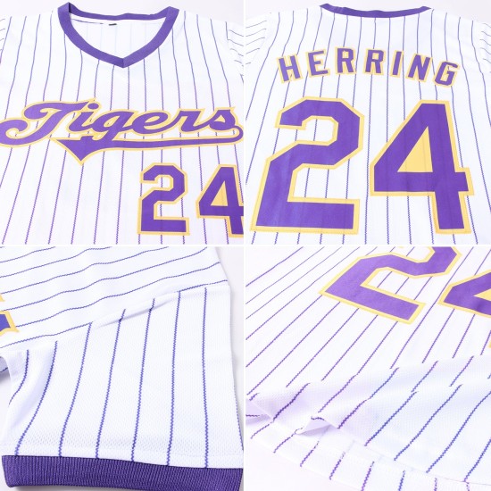 Maillot de baseball personnalisé violet et doré authentique à rayures fines, jersey blanc violet côtelé Maillot de baseball personnalisé violet et doré authentique à rayures fines, jersey blanc violet côtelé
