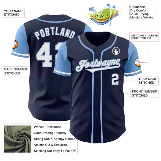 Maillot de baseball bleu marine authentique, personnalisé, ton bleu, blanc et deux tons clairs Maillot de baseball bleu marine authentique, personnalisé, ton bleu, blanc et deux tons clairs