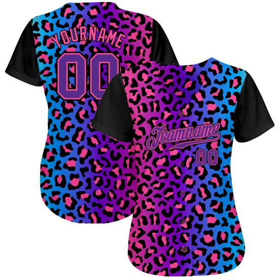 Maillot de baseball personnalisé avec motif léopard authentique violet-rose violet 3D Maillot de baseball personnalisé avec motif léopard authentique violet-rose violet 3D