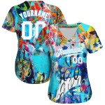 Maillot de baseball bleu authentique avec graffiti abstrait 3D blanc et lumière blanche Maillot de baseball bleu authentique avec graffiti abstrait 3D blanc et lumière blanche