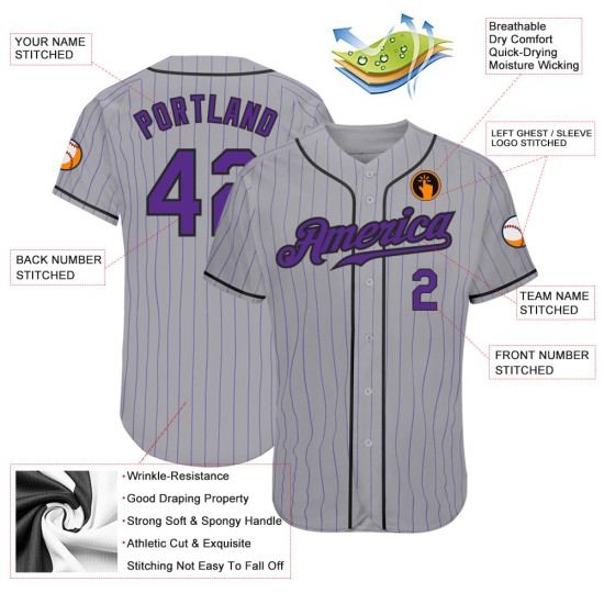 Maillot de baseball personnalisé gris authentique à rayures violettes et noires Maillot de baseball personnalisé gris authentique à rayures violettes et noires