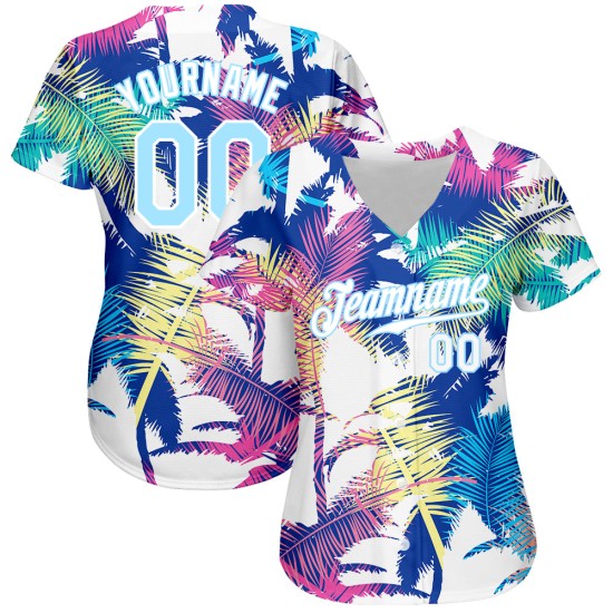 Maillot de baseball à motif léger Hawaï personnalisé 3D blanc avec arbres et palmiers bleus, authentique Maillot de baseball à motif léger Hawaï personnalisé 3D blanc avec arbres et palmiers bleus, authentique