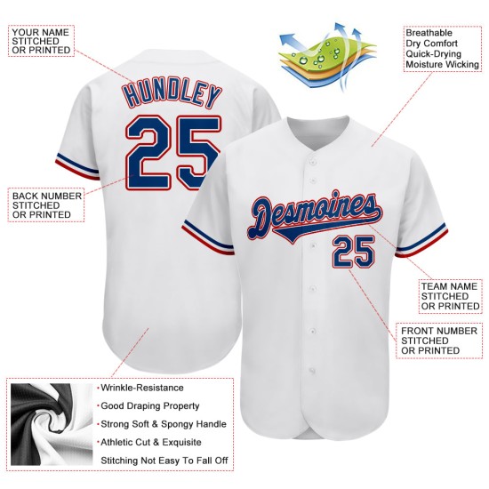 Maillot de baseball personnalisé authentique blanc royal-rouge Maillot de baseball personnalisé authentique blanc royal-rouge