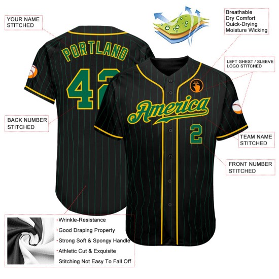Maillot de baseball authentique à rayures fines vert-or vert Kelly personnalisé noir Kelly Maillot de baseball authentique à rayures fines vert-or vert Kelly personnalisé noir Kelly