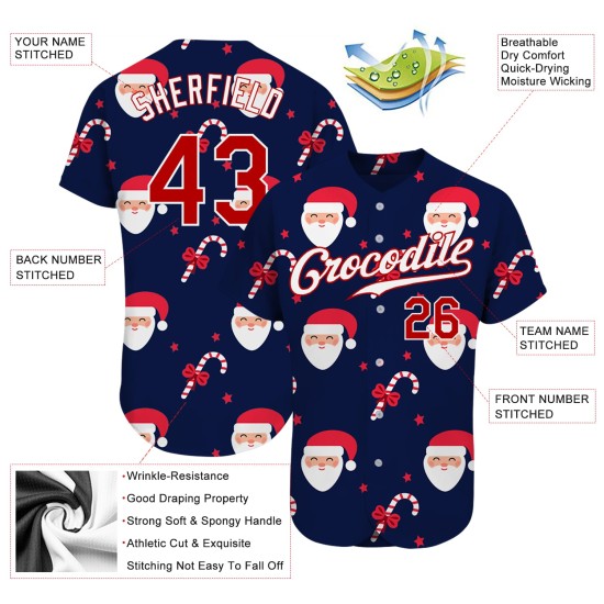 Maillot de baseball 3D rouge-blanc authentique bleu marine personnalisé Noël Maillot de baseball 3D rouge-blanc authentique bleu marine personnalisé Noël