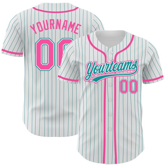 Maillot de baseball rose personnalisé à rayures fines, bleu sarcelle authentique et blanc Maillot de baseball rose personnalisé à rayures fines, bleu sarcelle authentique et blanc