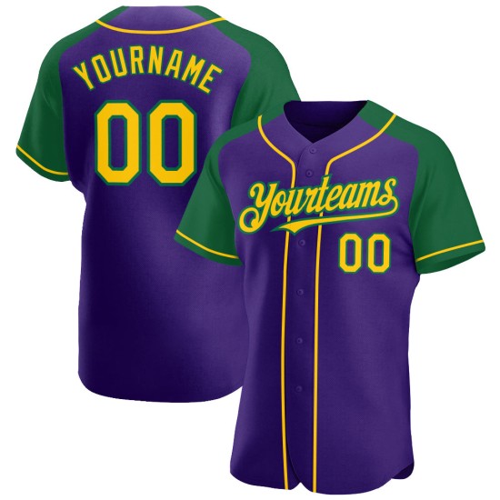 Maillot de baseball raglan violet, jaune et vert Kelly, manches authentiques personnalisées Maillot de baseball raglan violet, jaune et vert Kelly, manches authentiques personnalisées
