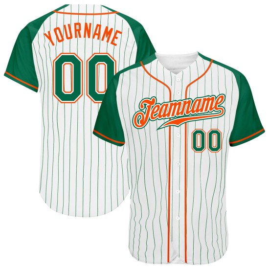 Maillot de baseball Kelly blanc personnalisé vert-orange vert raglan manches à rayures Kelly authentiques Maillot de baseball Kelly blanc personnalisé vert-orange vert raglan manches à rayures Kelly authentiques