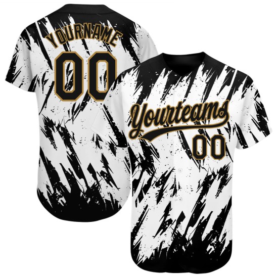 Maillot de baseball authentique personnalisé 3D à motif noir et or vieilli, blanc Maillot de baseball authentique personnalisé 3D à motif noir et or vieilli, blanc