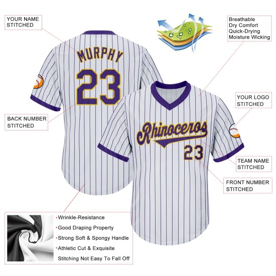 Maillot de baseball personnalisé violet et doré authentique à rayures fines, jersey blanc violet côtelé Maillot de baseball personnalisé violet et doré authentique à rayures fines, jersey blanc violet côtelé