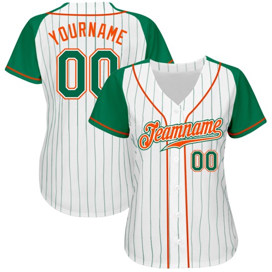 Maillot de baseball Kelly blanc personnalisé vert-orange vert raglan manches à rayures Kelly authentiques Maillot de baseball Kelly blanc personnalisé vert-orange vert raglan manches à rayures Kelly authentiques