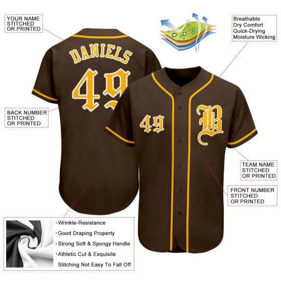 Maillot de baseball authentique marron personnalisé or-blanc Maillot de baseball authentique marron personnalisé or-blanc