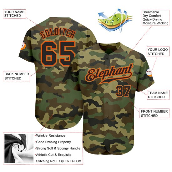 Maillot de baseball authentique « Hommage au service » personnalisé camouflage noir-orange Maillot de baseball authentique « Hommage au service » personnalisé camouflage noir-orange
