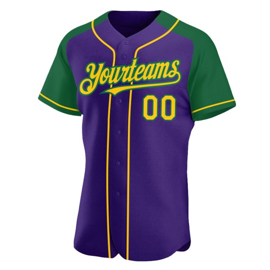 Maillot de baseball raglan violet, jaune et vert Kelly, manches authentiques personnalisées Maillot de baseball raglan violet, jaune et vert Kelly, manches authentiques personnalisées