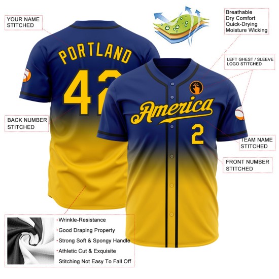 Maillot de baseball Royal Fashion Fade personnalisé authentique jaune-noir Maillot de baseball Royal Fashion Fade personnalisé authentique jaune-noir