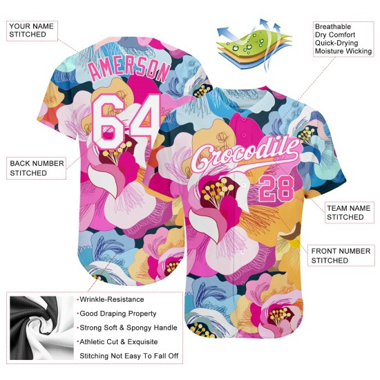 Maillot de baseball rose à motif 3D authentique et personnalisé avec fleurs blanches et roses Maillot de baseball rose à motif 3D authentique et personnalisé avec fleurs blanches et roses