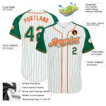 Maillot de baseball Kelly blanc personnalisé vert-orange vert raglan manches à rayures Kelly authentiques Maillot de baseball Kelly blanc personnalisé vert-orange vert raglan manches à rayures Kelly authentiques