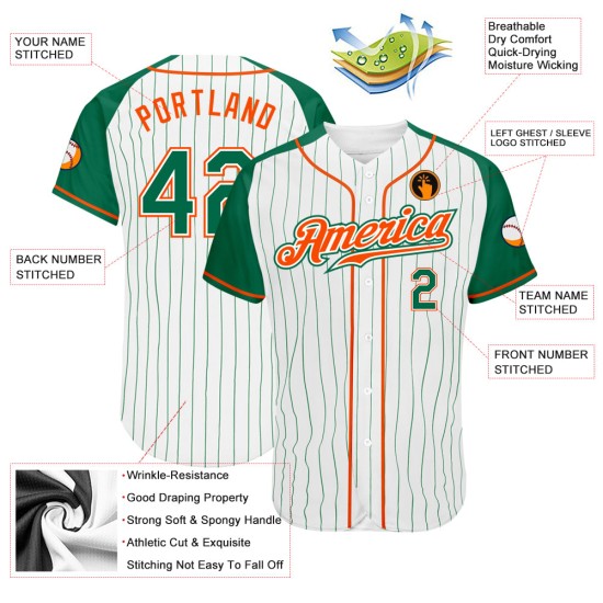 Maillot de baseball Kelly blanc personnalisé vert-orange vert raglan manches à rayures Kelly authentiques Maillot de baseball Kelly blanc personnalisé vert-orange vert raglan manches à rayures Kelly authentiques