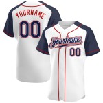 Maillot de baseball bleu marine et rouge, manches blanches, authentique, raglan, personnalisé Maillot de baseball bleu marine et rouge, manches blanches, authentique, raglan, personnalisé