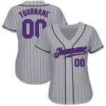 Maillot de baseball personnalisé gris authentique à rayures violettes et noires Maillot de baseball personnalisé gris authentique à rayures violettes et noires