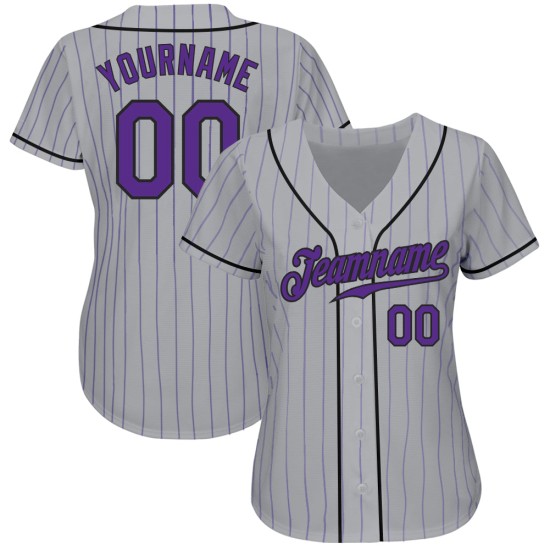 Maillot de baseball personnalisé gris authentique à rayures violettes et noires Maillot de baseball personnalisé gris authentique à rayures violettes et noires