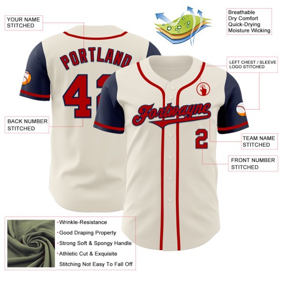 Maillot de baseball personnalisé crème authentique rouge-bleu marine deux Maillot de baseball personnalisé crème authentique rouge-bleu marine deux