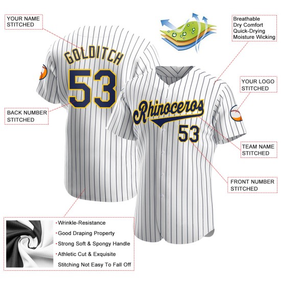 Maillot de baseball personnalisé bleu marine à rayures fines, bleu marine, or et blanc Maillot de baseball personnalisé bleu marine à rayures fines, bleu marine, or et blanc