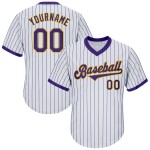 Maillot de baseball personnalisé violet et doré authentique à rayures fines, jersey blanc violet côtelé Maillot de baseball personnalisé violet et doré authentique à rayures fines, jersey blanc violet côtelé