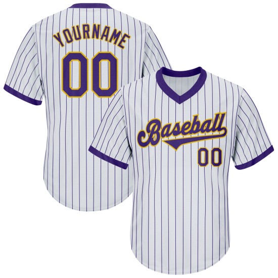Maillot de baseball personnalisé violet et doré authentique à rayures fines, jersey blanc violet côtelé Maillot de baseball personnalisé violet et doré authentique à rayures fines, jersey blanc violet côtelé