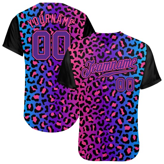 Maillot de baseball personnalisé avec motif léopard authentique violet-rose violet 3D Maillot de baseball personnalisé avec motif léopard authentique violet-rose violet 3D