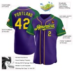 Maillot de baseball raglan violet, jaune et vert Kelly, manches authentiques personnalisées Maillot de baseball raglan violet, jaune et vert Kelly, manches authentiques personnalisées