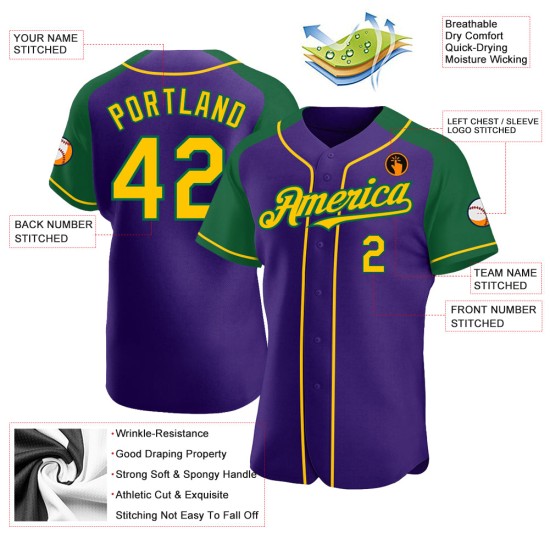 Maillot de baseball raglan violet, jaune et vert Kelly, manches authentiques personnalisées Maillot de baseball raglan violet, jaune et vert Kelly, manches authentiques personnalisées