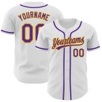Maillot de baseball blanc authentique personnalisé violet-or Maillot de baseball blanc authentique personnalisé violet-or